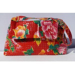Amy Chan New York 1990s Red Hawaiian Floral Mosaic Tile Shoulder Purse